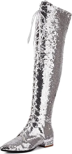 Sexy Bling Women's Large Size Over The Knee Boots with Sequins, Lace Up Fashion Low Heel Thigh High Boots for Party, Banquet and Weding,8.5,Silver
