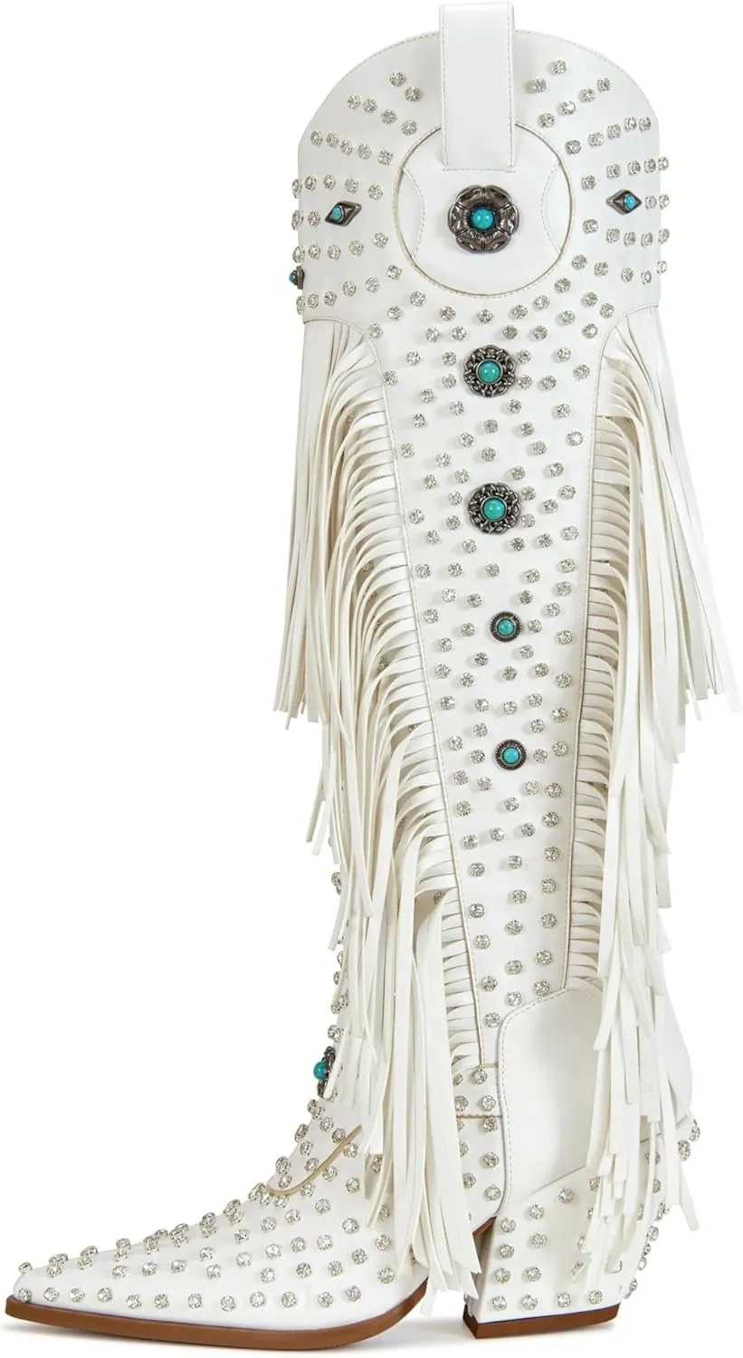 sexytag Fringe Cowboy Boots Rhinestone Embellishments Knee High Cowgirl Boots Turquoise Flower Studded Western Booties