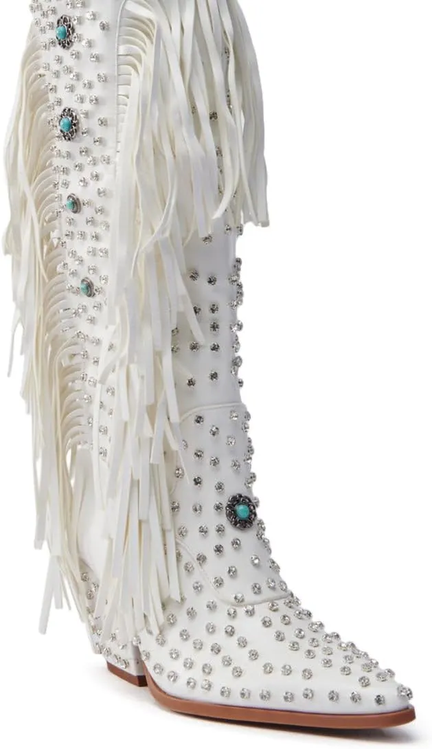 sexytag Fringe Cowboy Boots Rhinestone Embellishments Knee High Cowgirl Boots Turquoise Flower Studded Western Booties