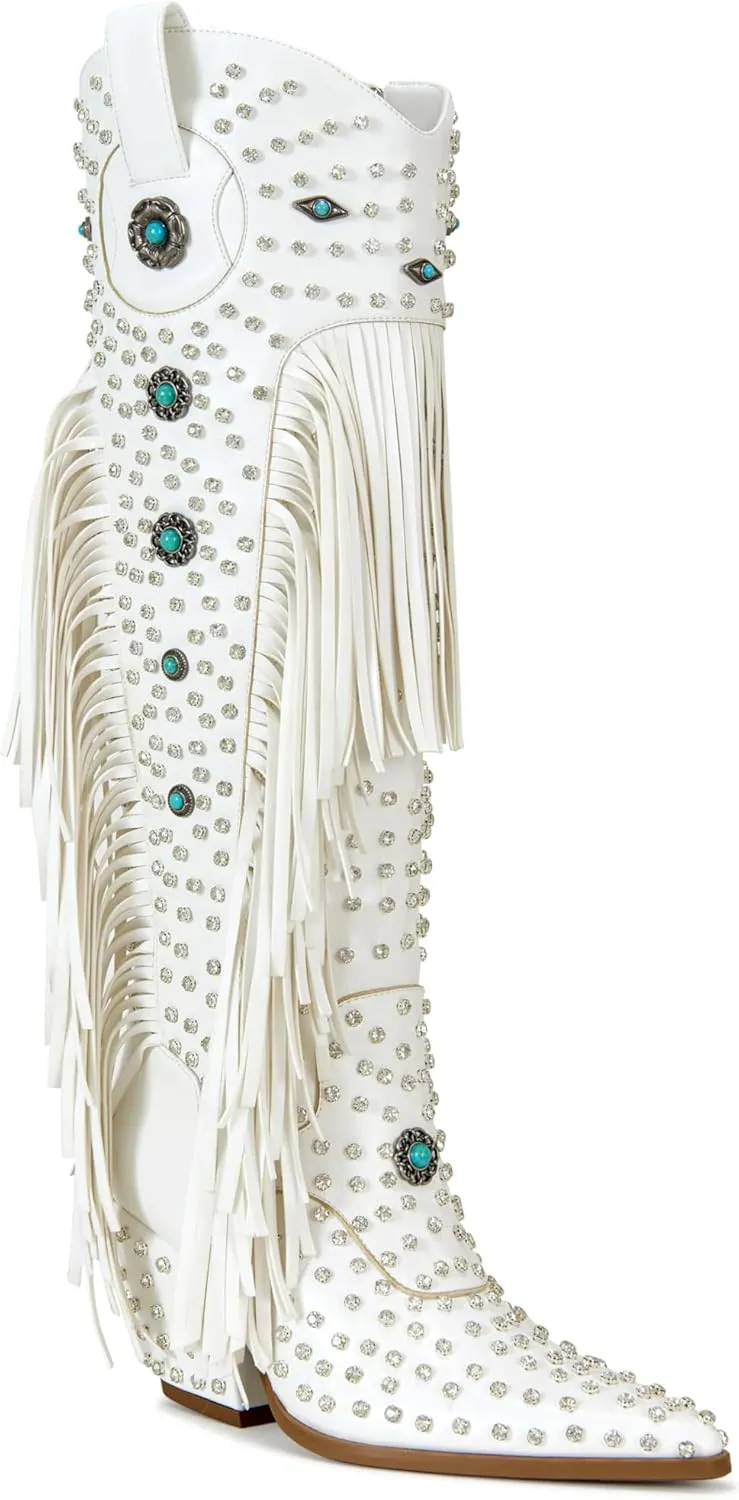 sexytag Fringe Cowboy Boots Rhinestone Embellishments Knee High Cowgirl Boots Turquoise Flower Studded Western Booties
