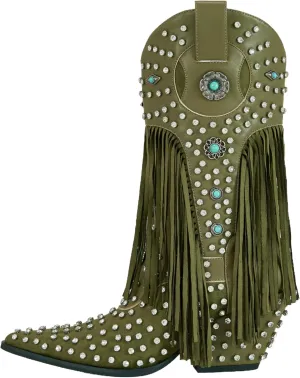 sexytag Fringe Cowboy Boots Rhinestone Embellishments Mid Calf Cowgirl Boots Turquoise Flower Studded Western Booties