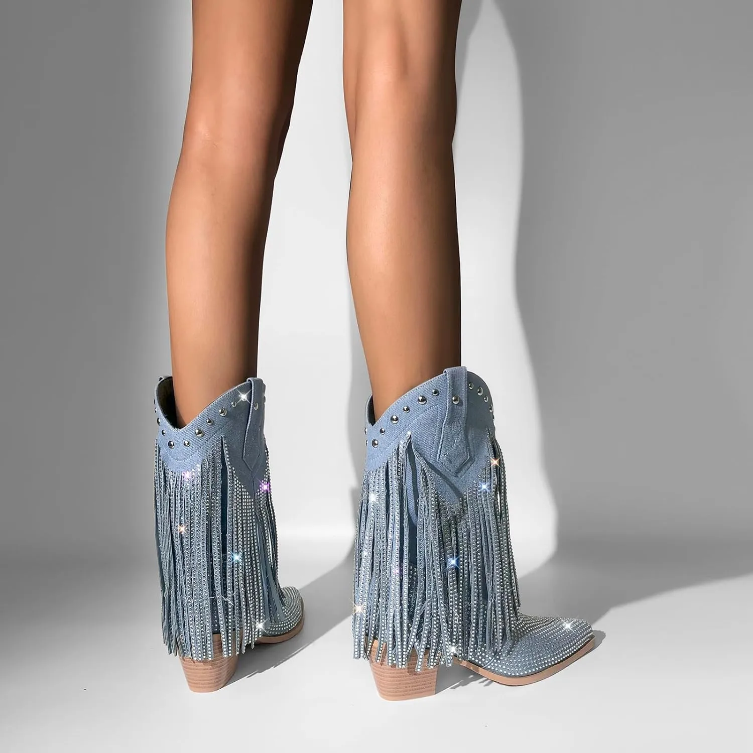 sexytag Women's Sparkly Fringe Cowgirl Cowboy Boots for Women Wide Calf Tassal Western Mid-calf Boots