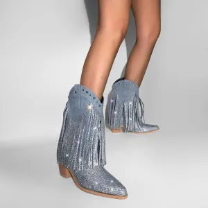sexytag Women's Sparkly Fringe Cowgirl Cowboy Boots for Women Wide Calf Tassal Western Mid-calf Boots