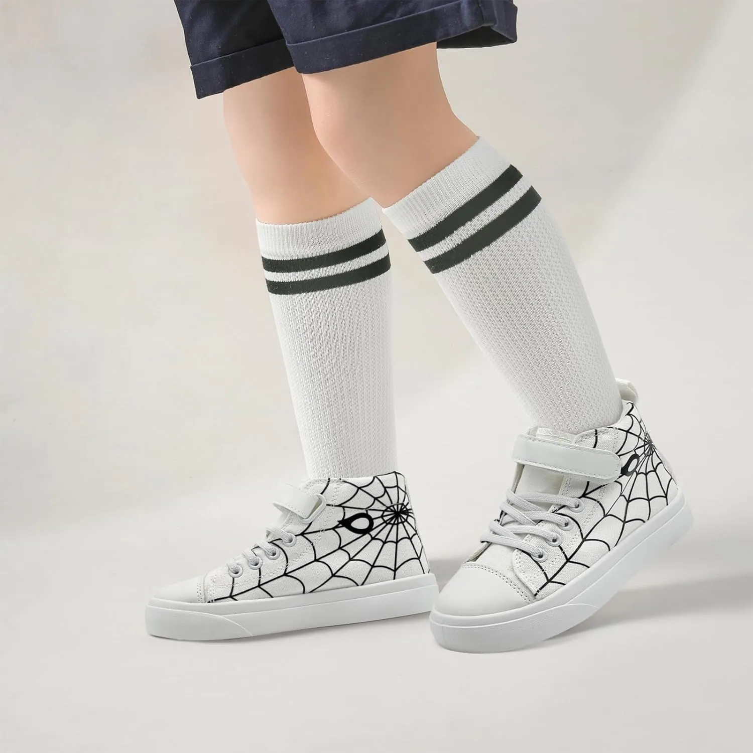 Sharllen Kid Canvas High Top Spider Sneakers Classic Adjustable Strap Lace up Shoes for Boys Girls Casual Tennis Kids Athletic Basketball Running Walking Shoes