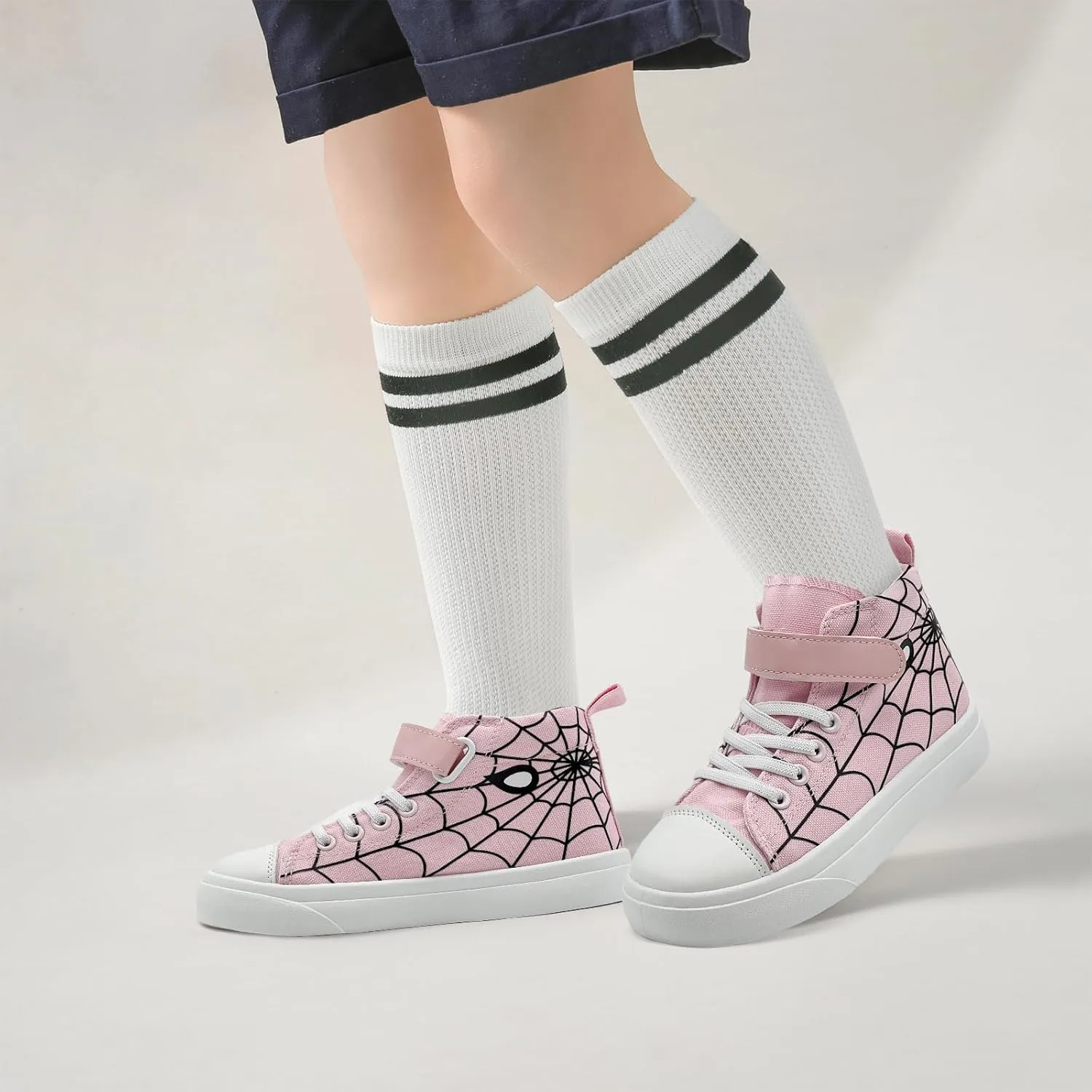 Sharllen Kid Canvas High Top Spider Sneakers Classic Adjustable Strap Lace up Shoes for Boys Girls Casual Tennis Kids Athletic Basketball Running Walking Shoes
