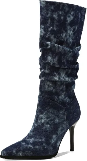 SHEMEE Women's Denim Knee High Boots Kitten Heels Pointed Toe Dress Jeans Mid-Calf Boots Zipper Tall Boots