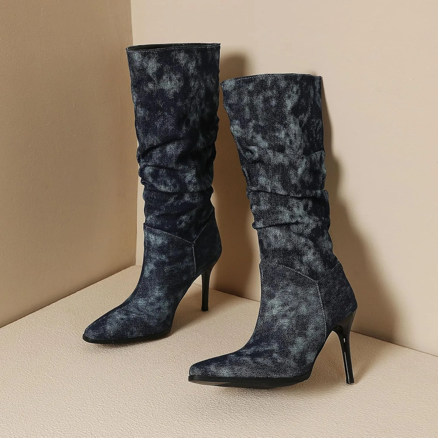 SHEMEE Women's Denim Knee High Boots Kitten Heels Pointed Toe Dress Jeans Mid-Calf Boots Zipper Tall Boots