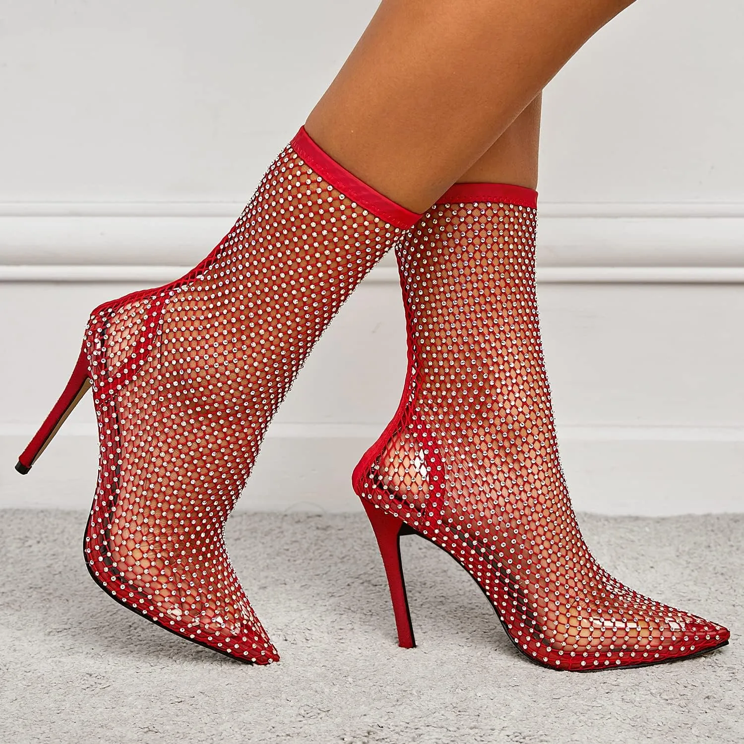 SHEMEE Women's Mesh High Heel Stiletto Fishnet Ankle Boots Summer Sandals Pointed Toe Cutout Bling Rhinestones Sock Booties