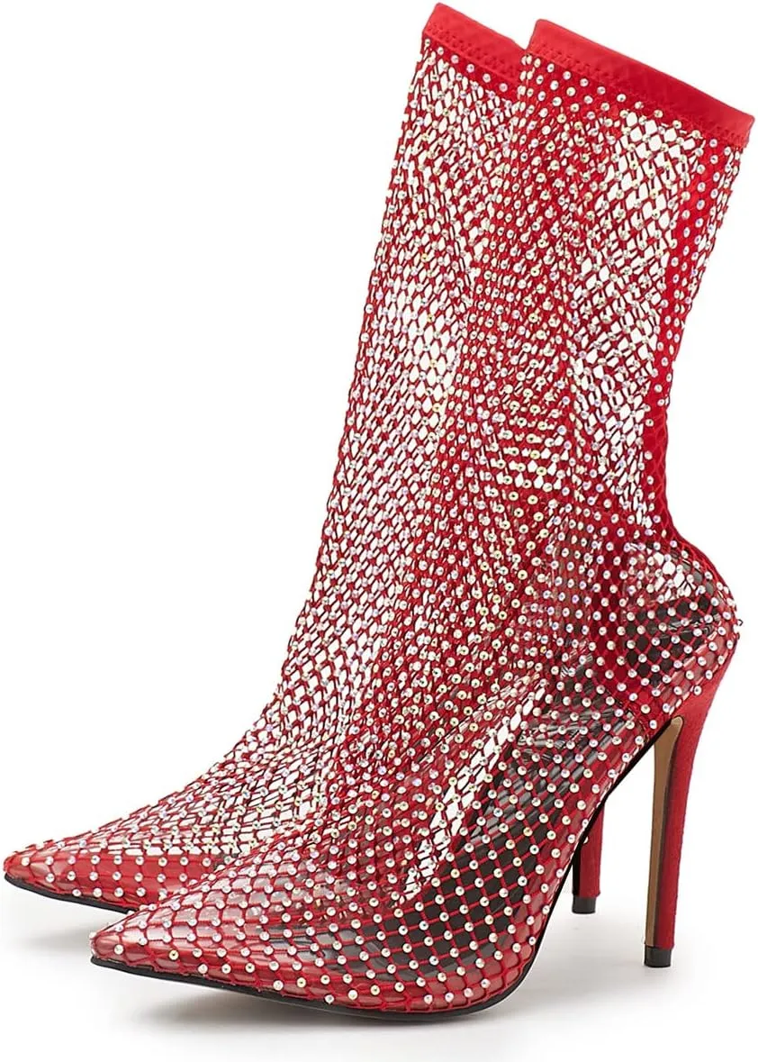 SHEMEE Women's Mesh High Heel Stiletto Fishnet Ankle Boots Summer Sandals Pointed Toe Cutout Bling Rhinestones Sock Booties