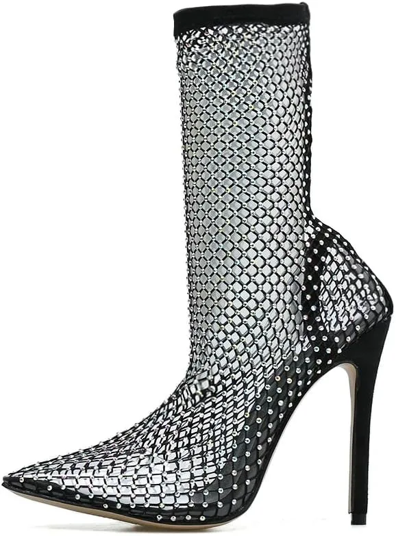 SHEMEE Women's Mesh High Heel Stiletto Fishnet Ankle Boots Summer Sandals Pointed Toe Cutout Bling Rhinestones Sock Booties