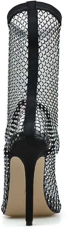 SHEMEE Women's Mesh High Heel Stiletto Fishnet Ankle Boots Summer Sandals Pointed Toe Cutout Bling Rhinestones Sock Booties