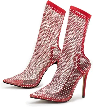 SHEMEE Women's Mesh High Heel Stiletto Fishnet Ankle Boots Summer Sandals Pointed Toe Cutout Bling Rhinestones Sock Booties