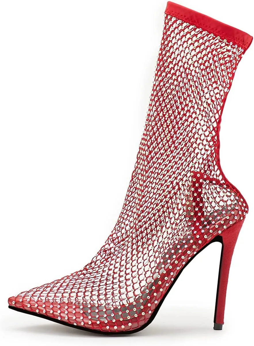 SHEMEE Women's Mesh High Heel Stiletto Fishnet Ankle Boots Summer Sandals Pointed Toe Cutout Bling Rhinestones Sock Booties