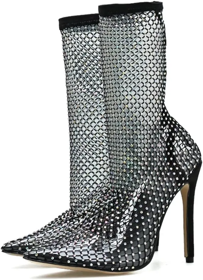SHEMEE Women's Mesh High Heel Stiletto Fishnet Ankle Boots Summer Sandals Pointed Toe Cutout Bling Rhinestones Sock Booties