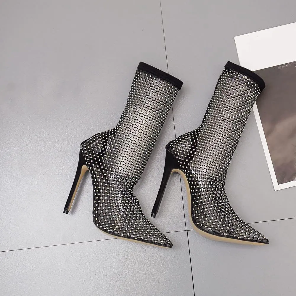 SHEMEE Women's Mesh High Heel Stiletto Fishnet Ankle Boots Summer Sandals Pointed Toe Cutout Bling Rhinestones Sock Booties
