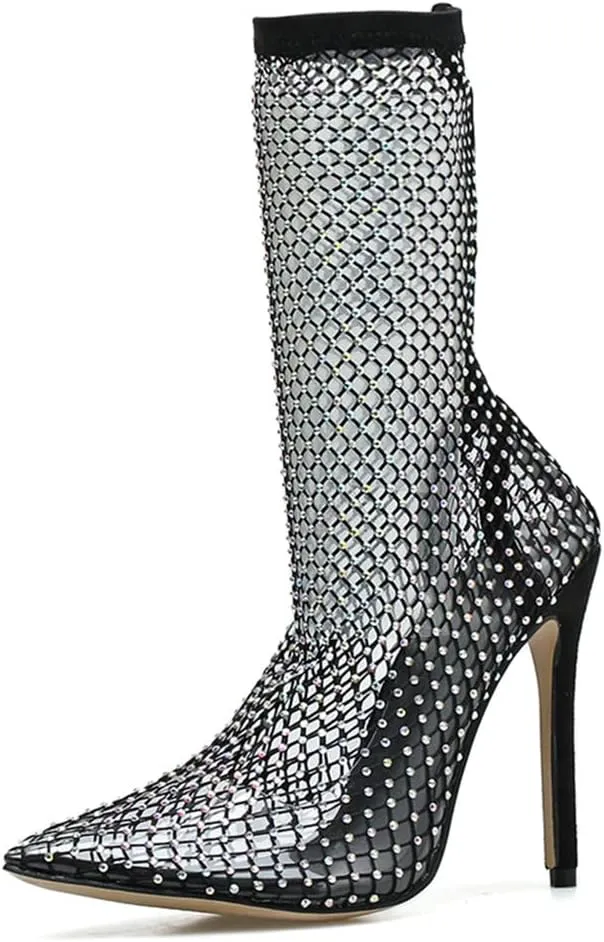 SHEMEE Women's Mesh High Heel Stiletto Fishnet Ankle Boots Summer Sandals Pointed Toe Cutout Bling Rhinestones Sock Booties