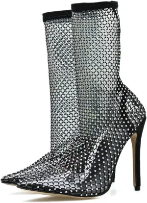 SHEMEE Women's Mesh High Heel Stiletto Fishnet Ankle Boots Summer Sandals Pointed Toe Cutout Bling Rhinestones Sock Booties