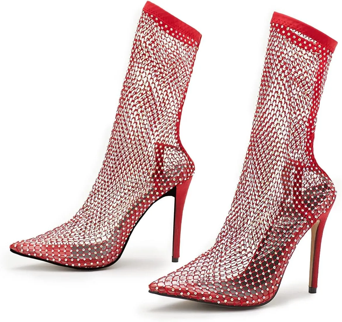 SHEMEE Women's Mesh High Heel Stiletto Fishnet Ankle Boots Summer Sandals Pointed Toe Cutout Bling Rhinestones Sock Booties
