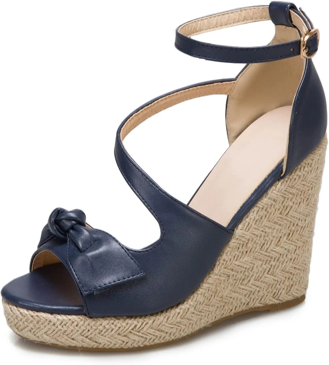 SHEMEE Women's Round Open Toe Espadrille Wedge Sandals Platform High Heel Ankle Strap Buckle Bow Sandalias Summer Shoes