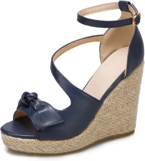 SHEMEE Women's Round Open Toe Espadrille Wedge Sandals Platform High Heel Ankle Strap Buckle Bow Sandalias Summer Shoes