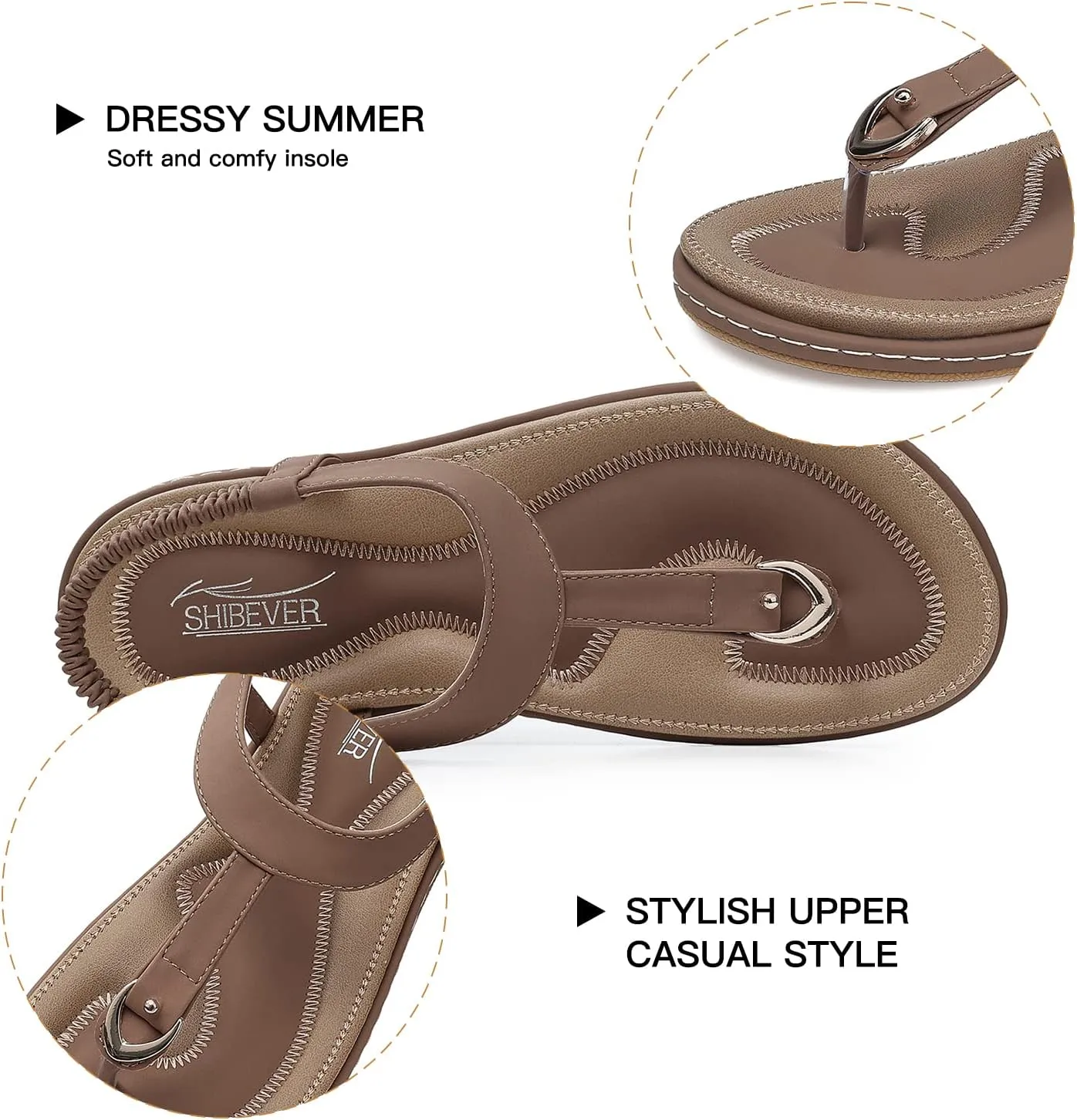 SHIBEVER Womens Sandals Summer Flat: Dressy Casual T-Strap Flip Flop Thong Flats Sandals - Comfortable Walking