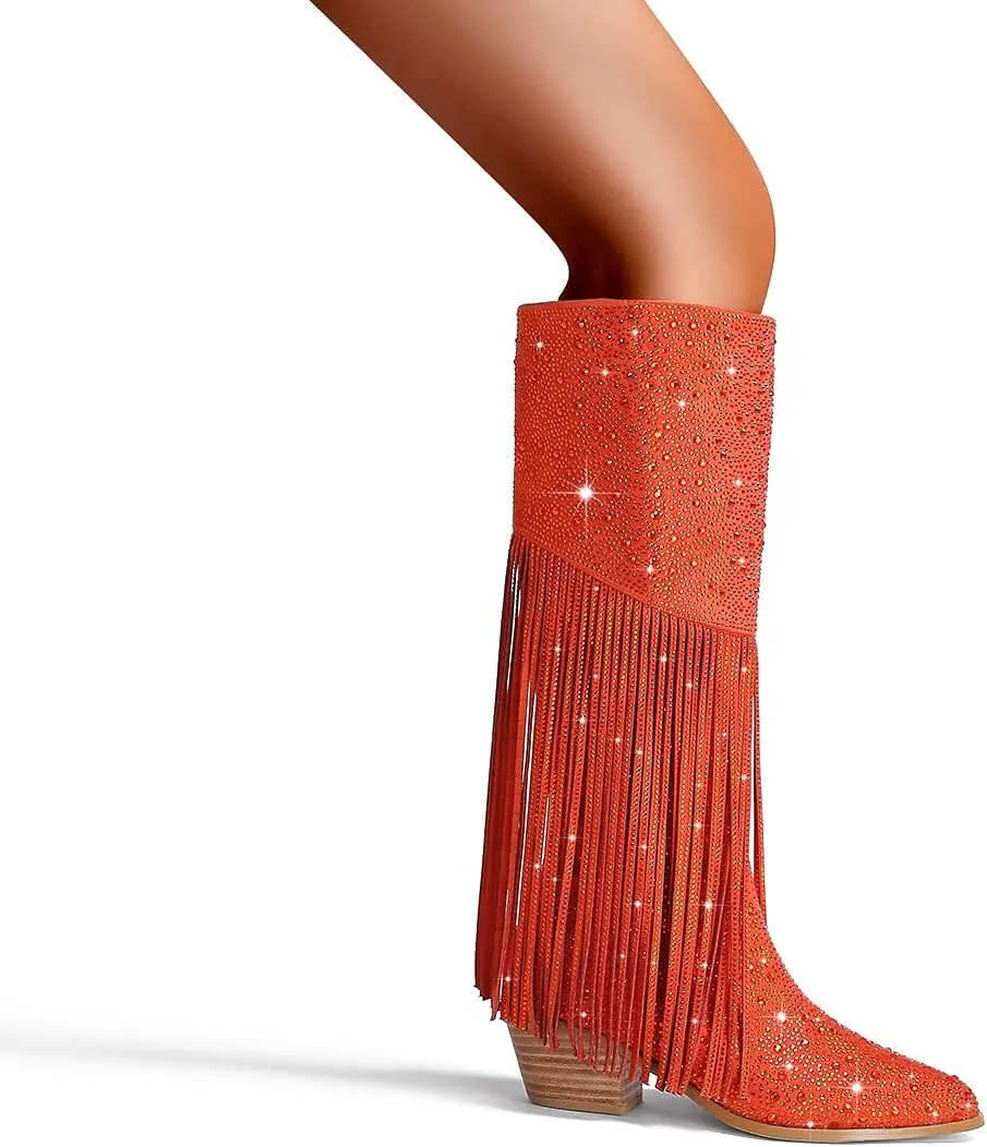 SHODENSE Fashion Rhinestone Boots Women Knee High Western Boots Fringe Low Chunky Stacked Heel Pointed Toe Mid Calf Cowboy Boots Zipper Glitter Tassel Cowgirl Boots Sparkle Dress Boot Fall 4-11 M US