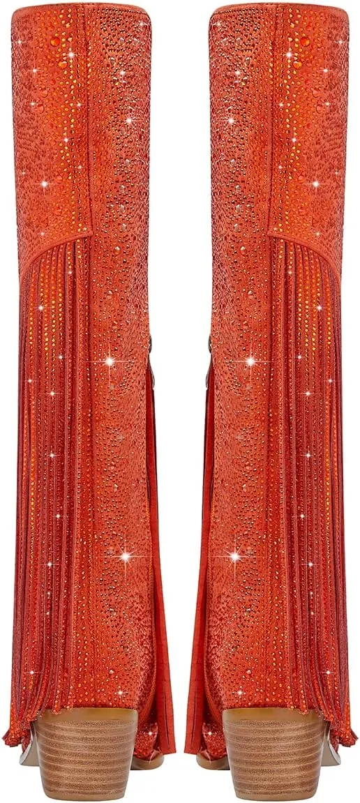 SHODENSE Fashion Rhinestone Boots Women Knee High Western Boots Fringe Low Chunky Stacked Heel Pointed Toe Mid Calf Cowboy Boots Zipper Glitter Tassel Cowgirl Boots Sparkle Dress Boot Fall 4-11 M US