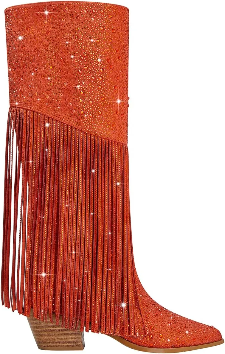 SHODENSE Fashion Rhinestone Boots Women Knee High Western Boots Fringe Low Chunky Stacked Heel Pointed Toe Mid Calf Cowboy Boots Zipper Glitter Tassel Cowgirl Boots Sparkle Dress Boot Fall 4-11 M US