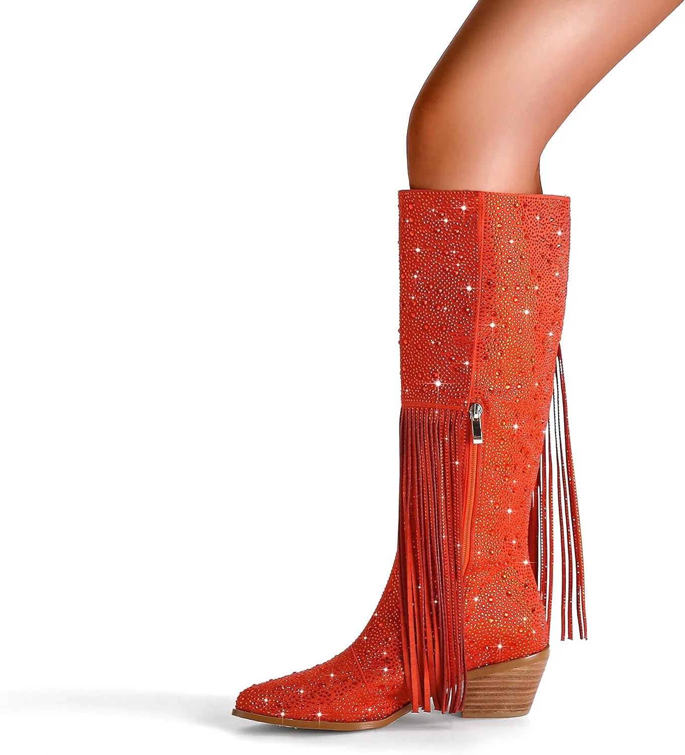 SHODENSE Fashion Rhinestone Boots Women Knee High Western Boots Fringe Low Chunky Stacked Heel Pointed Toe Mid Calf Cowboy Boots Zipper Glitter Tassel Cowgirl Boots Sparkle Dress Boot Fall 4-11 M US