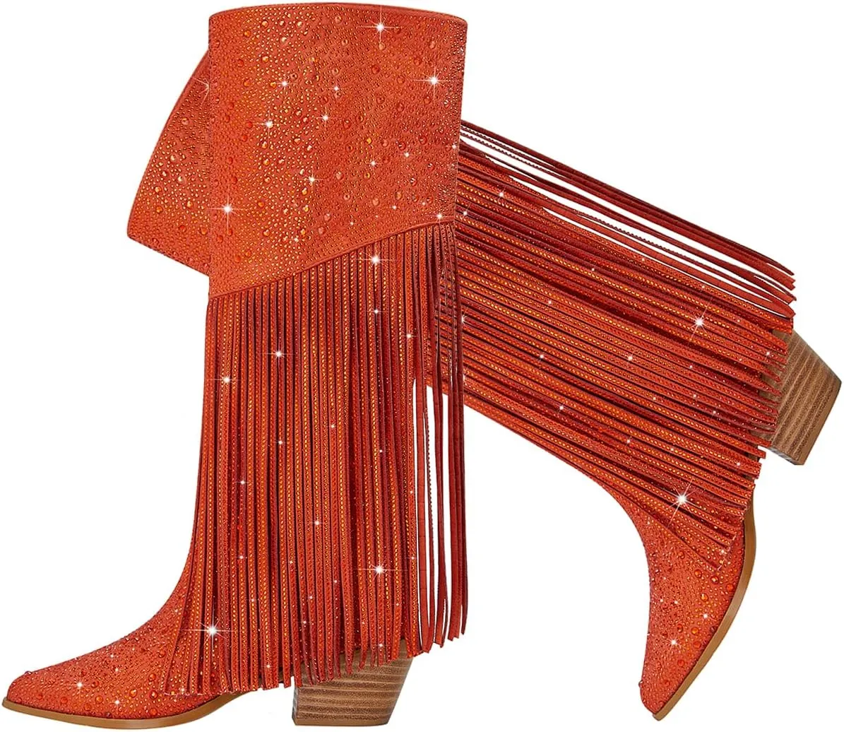 SHODENSE Fashion Rhinestone Boots Women Knee High Western Boots Fringe Low Chunky Stacked Heel Pointed Toe Mid Calf Cowboy Boots Zipper Glitter Tassel Cowgirl Boots Sparkle Dress Boot Fall 4-11 M US
