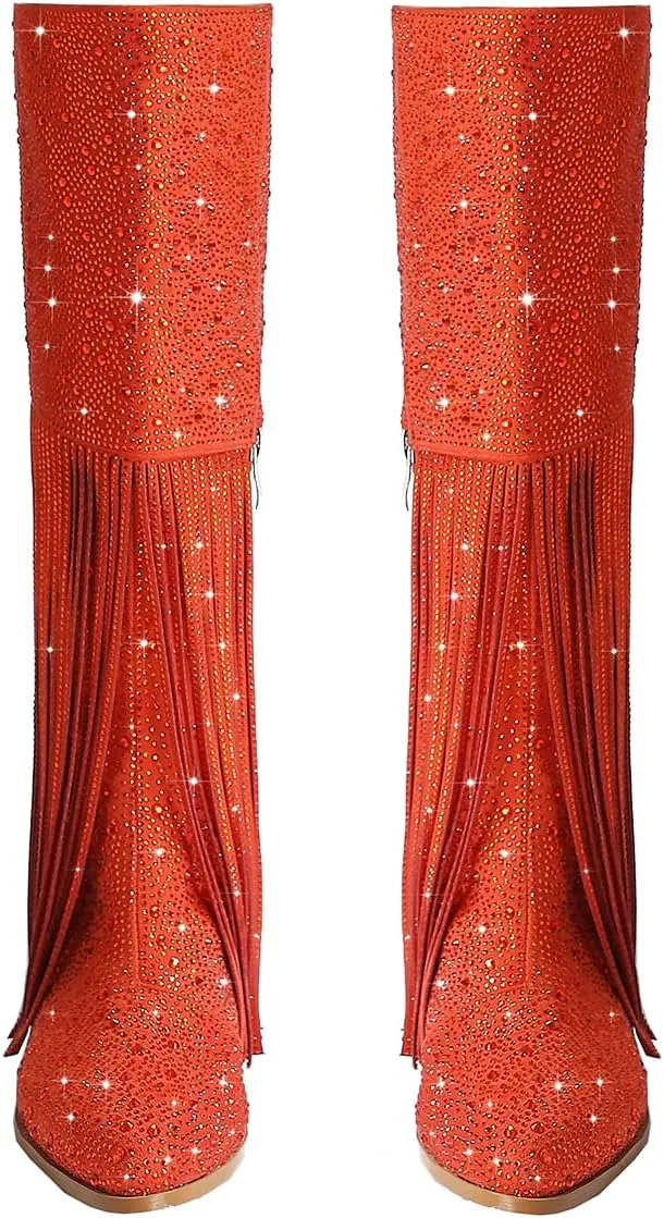SHODENSE Fashion Rhinestone Boots Women Knee High Western Boots Fringe Low Chunky Stacked Heel Pointed Toe Mid Calf Cowboy Boots Zipper Glitter Tassel Cowgirl Boots Sparkle Dress Boot Fall 4-11 M US