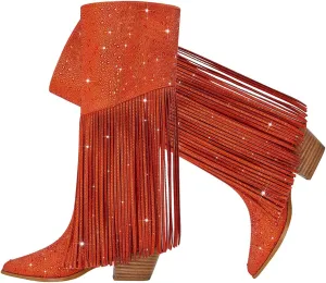 SHODENSE Fashion Rhinestone Boots Women Knee High Western Boots Fringe Low Chunky Stacked Heel Pointed Toe Mid Calf Cowboy Boots Zipper Glitter Tassel Cowgirl Boots Sparkle Dress Boot Fall 4-11 M US