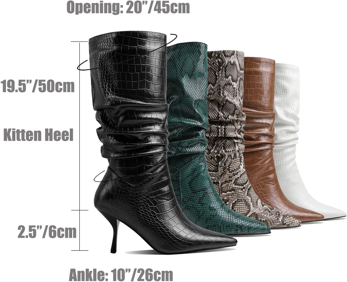 SHODENSE Women Low Kitten Heel Slouch Mid Calf Boots Pointed Closed Toe Wide Calf Western Boots Pull On 2" Thin Heel Tall Crocodile Snakeskin Dress Boots Long Pleated ladies Retro Spring 4-11 M US