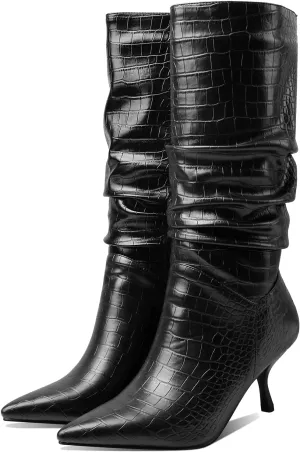SHODENSE Women Low Kitten Heel Slouch Mid Calf Boots Pointed Closed Toe Wide Calf Western Boots Pull On 2" Thin Heel Tall Crocodile Snakeskin Dress Boots Long Pleated ladies Retro Spring 4-11 M US