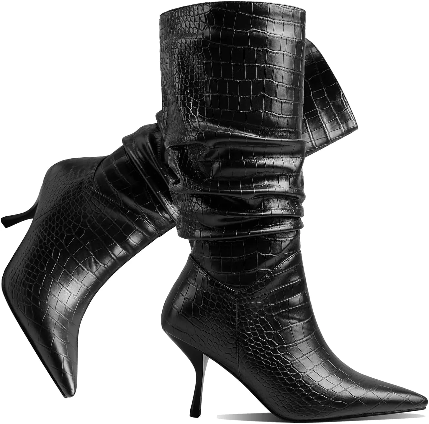 SHODENSE Women Low Kitten Heel Slouch Mid Calf Boots Pointed Closed Toe Wide Calf Western Boots Pull On 2" Thin Heel Tall Crocodile Snakeskin Dress Boots Long Pleated ladies Retro Spring 4-11 M US