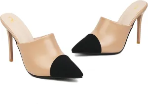 SHODENSE Women Pointed Toe Stiletto Mule Heels Slip On Cap Toe Mules Two 4 inch Stiletto High Heels Dress Mule Shoes Matte Patchwork Colorblock Heeled Slides Party Wedding Evening 4-10 M US
