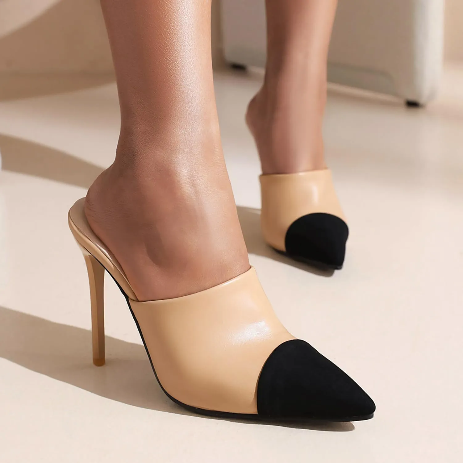 SHODENSE Women Pointed Toe Stiletto Mule Heels Slip On Cap Toe Mules Two 4 inch Stiletto High Heels Dress Mule Shoes Matte Patchwork Colorblock Heeled Slides Party Wedding Evening 4-10 M US