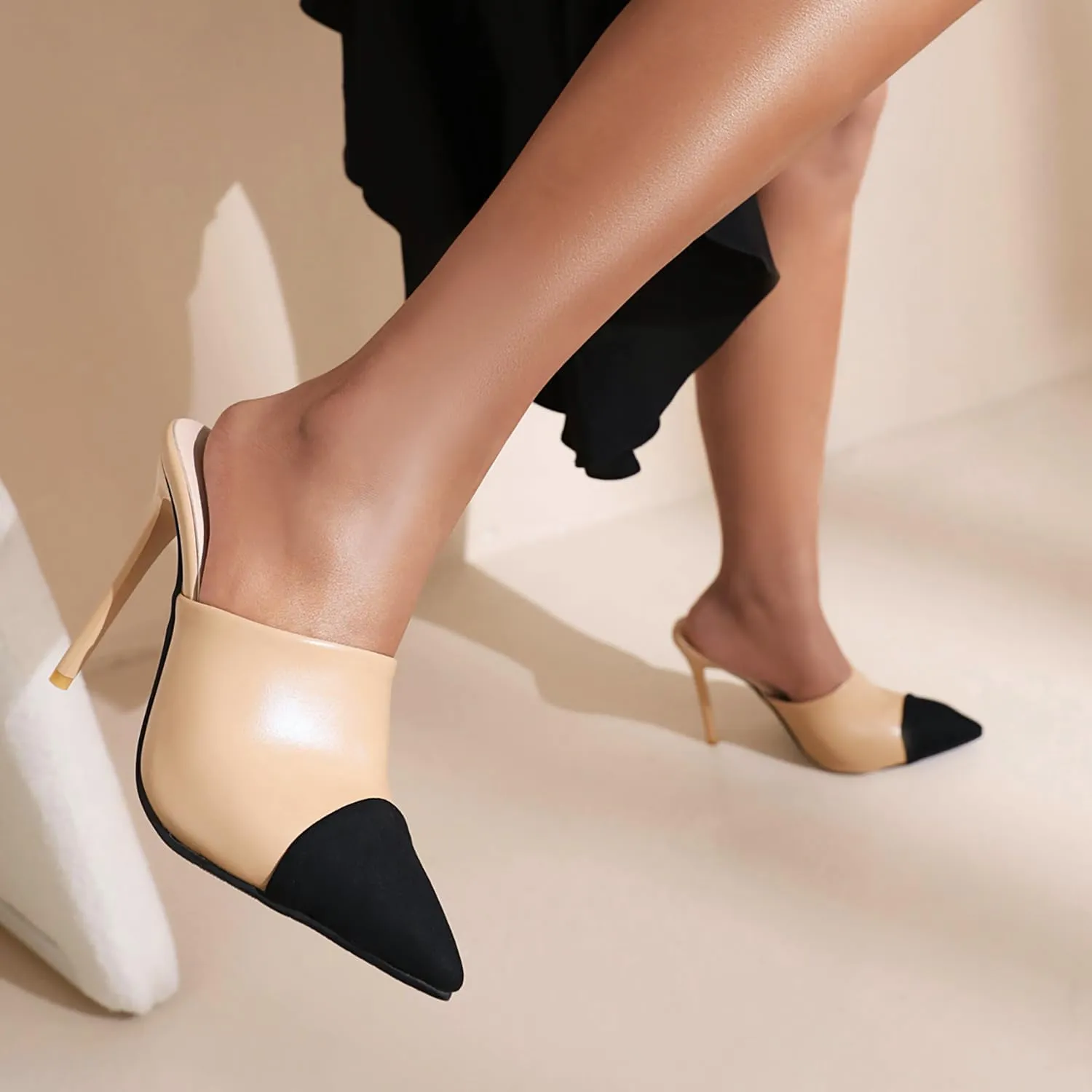 SHODENSE Women Pointed Toe Stiletto Mule Heels Slip On Cap Toe Mules Two 4 inch Stiletto High Heels Dress Mule Shoes Matte Patchwork Colorblock Heeled Slides Party Wedding Evening 4-10 M US
