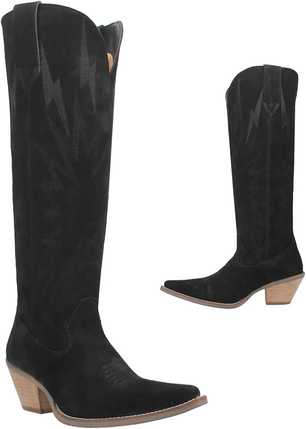 SHODENSE Women Suede Knee High Cowgirl Cowboy Boots Embroidered Stacked Heel Pointed Toe Tall Western Boots Pull On Wide Calf Low Chunky Heel Dress Long Boots Vintage Casual 4-11 M US