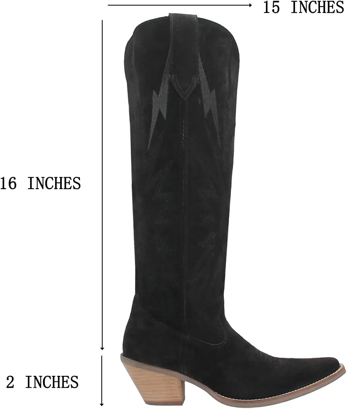 SHODENSE Women Suede Knee High Cowgirl Cowboy Boots Embroidered Stacked Heel Pointed Toe Tall Western Boots Pull On Wide Calf Low Chunky Heel Dress Long Boots Vintage Casual 4-11 M US