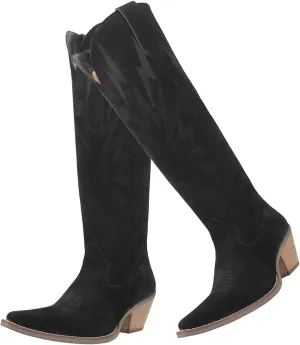 SHODENSE Women Suede Knee High Cowgirl Cowboy Boots Embroidered Stacked Heel Pointed Toe Tall Western Boots Pull On Wide Calf Low Chunky Heel Dress Long Boots Vintage Casual 4-11 M US