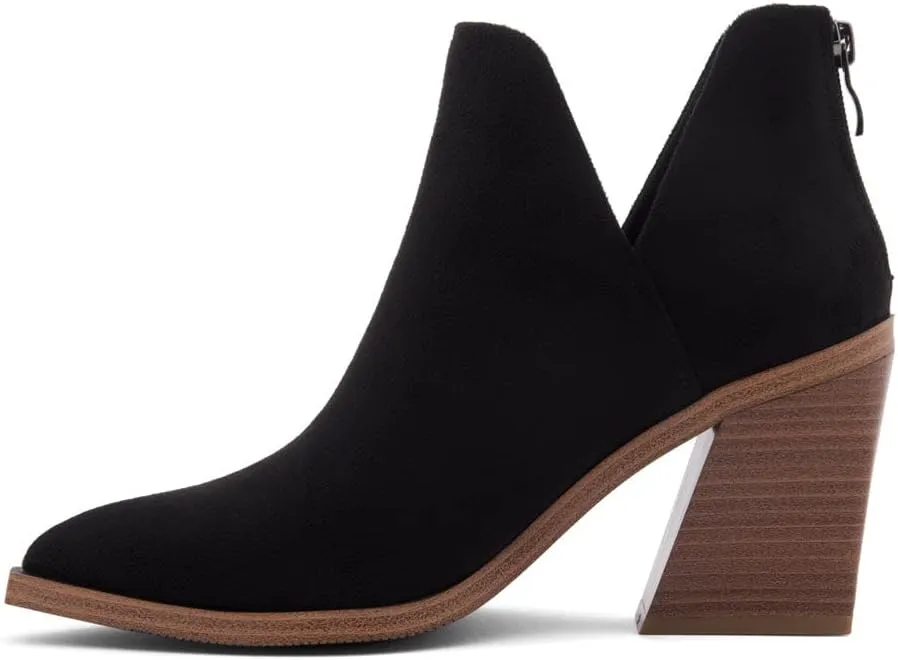 Shoe Land Mingo Women's Ankle Booties Chunky Stack Heels V Cutout Boots Pointed Toe Back Zipper Slip on Shoes