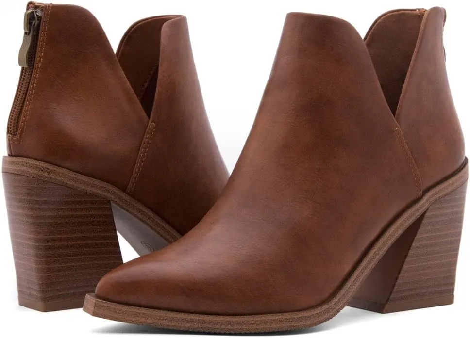 Shoe Land Mingo Women's Ankle Booties Chunky Stack Heels V Cutout Boots Pointed Toe Back Zipper Slip on Shoes