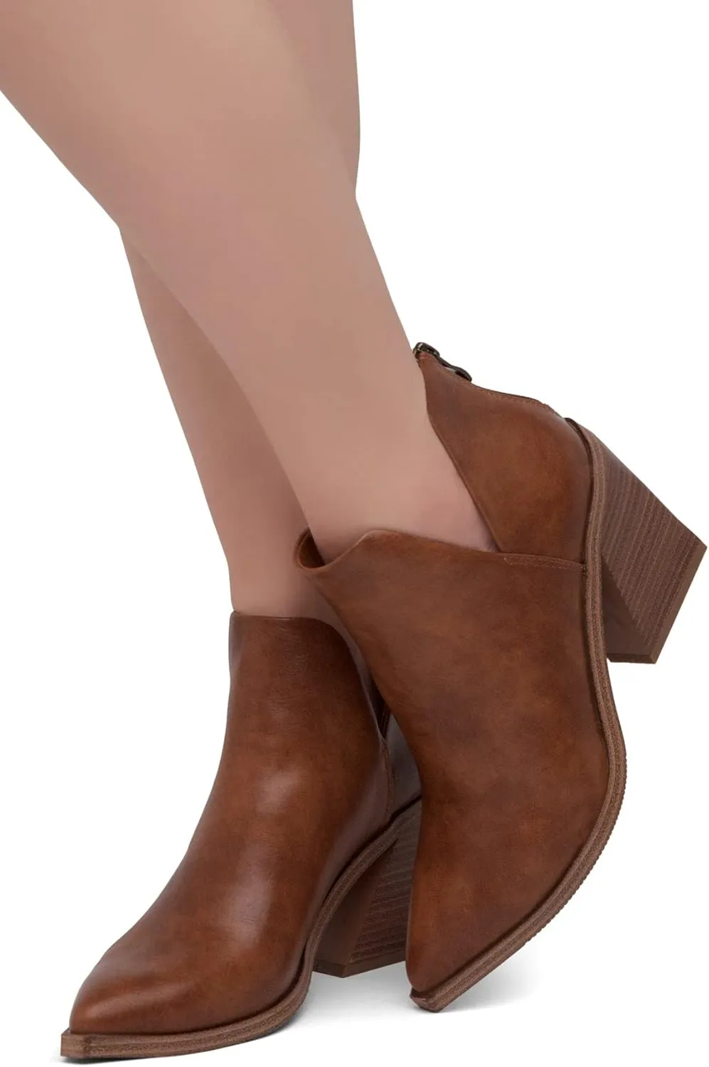 Shoe Land Mingo Women's Ankle Booties Chunky Stack Heels V Cutout Boots Pointed Toe Back Zipper Slip on Shoes