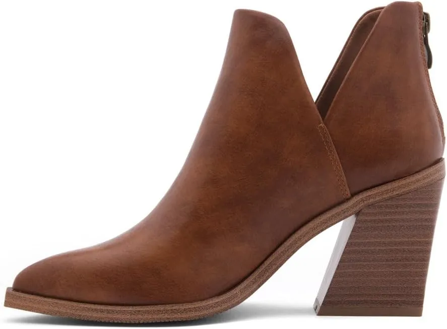 Shoe Land Mingo Women's Ankle Booties Chunky Stack Heels V Cutout Boots Pointed Toe Back Zipper Slip on Shoes