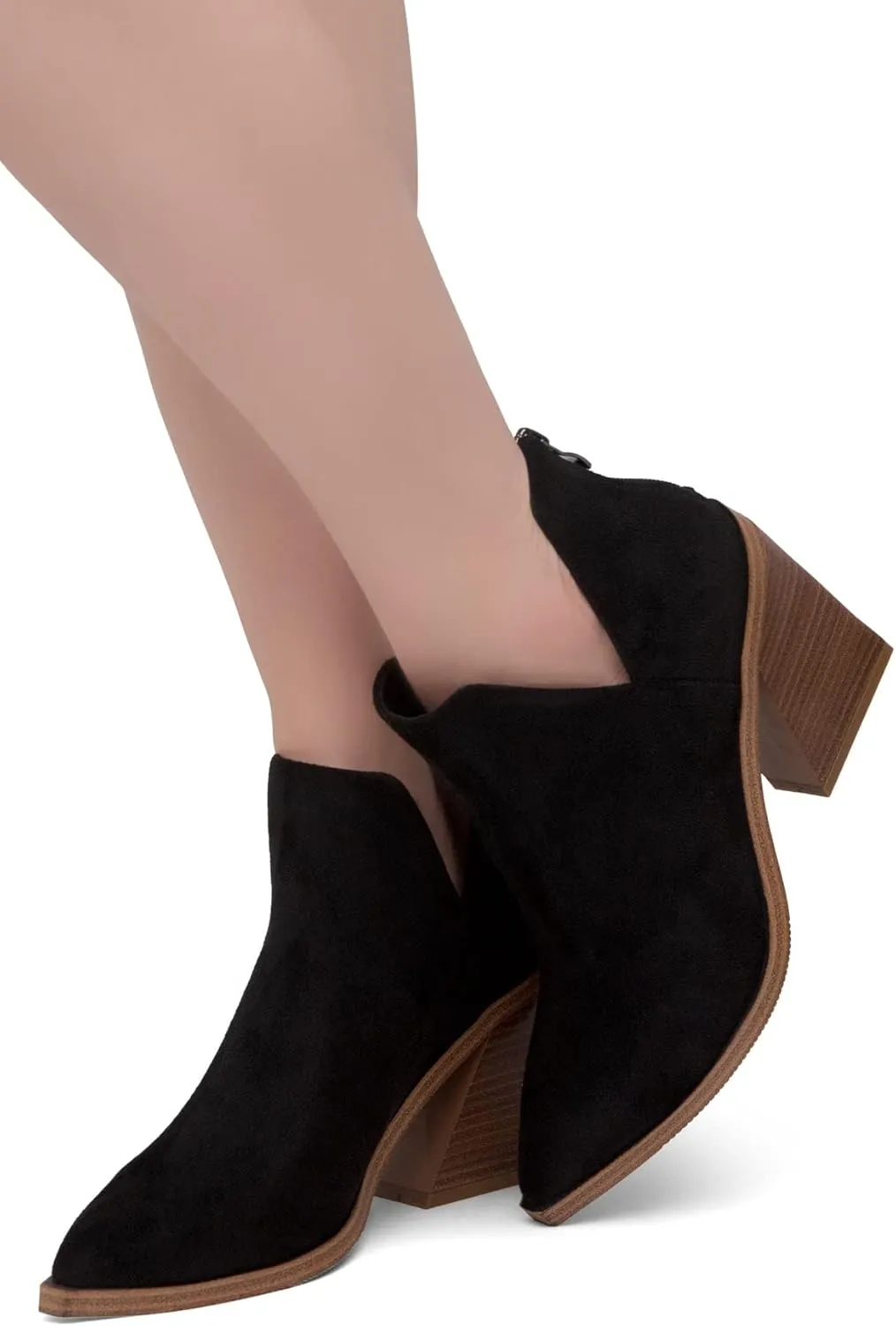 Shoe Land Mingo Women's Ankle Booties Chunky Stack Heels V Cutout Boots Pointed Toe Back Zipper Slip on Shoes