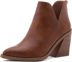 Shoe Land Mingo Women's Ankle Booties Chunky Stack Heels V Cutout Boots Pointed Toe Back Zipper Slip on Shoes