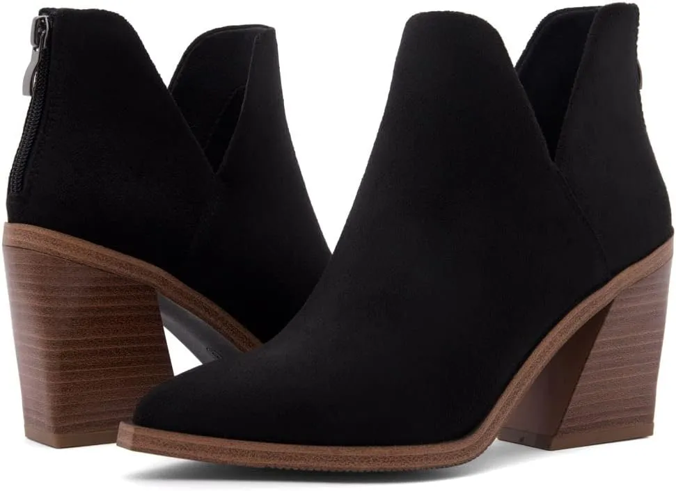 Shoe Land Mingo Women's Ankle Booties Chunky Stack Heels V Cutout Boots Pointed Toe Back Zipper Slip on Shoes