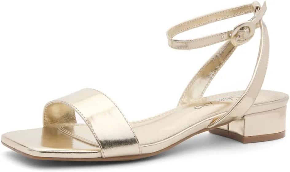 Shoe Land Women's Low Heels Dressy Sandals for 2025-1 Inch Chunky Block Short Heels | Square Open Toe with Adjustable Ankle Strap | Wedding & Party Heeled Sandals