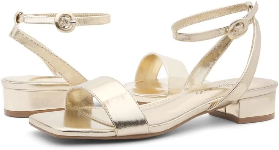 Shoe Land Women's Low Heels Dressy Sandals for 2025-1 Inch Chunky Block Short Heels | Square Open Toe with Adjustable Ankle Strap | Wedding & Party Heeled Sandals